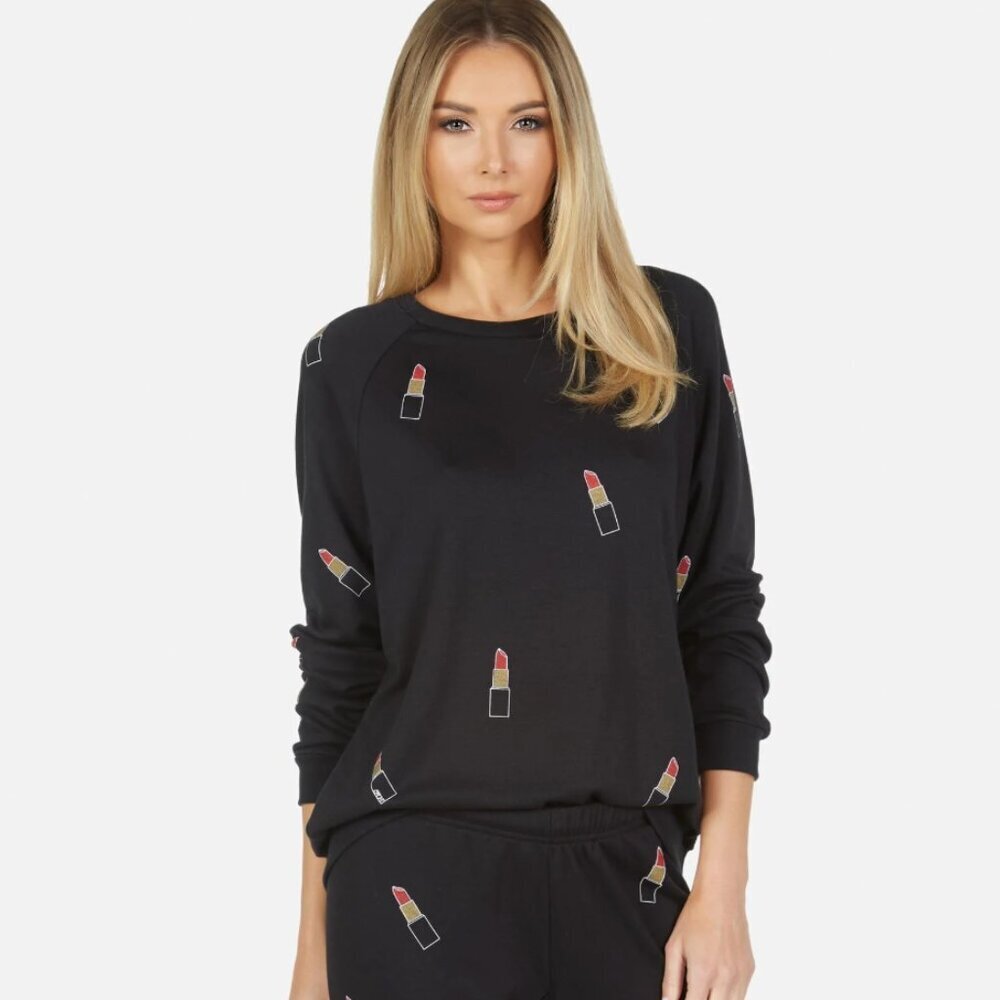 Lauren Moshi Noleta Mini Lipstick Vintage Black Wash Pullover Sweatshirt Size XS